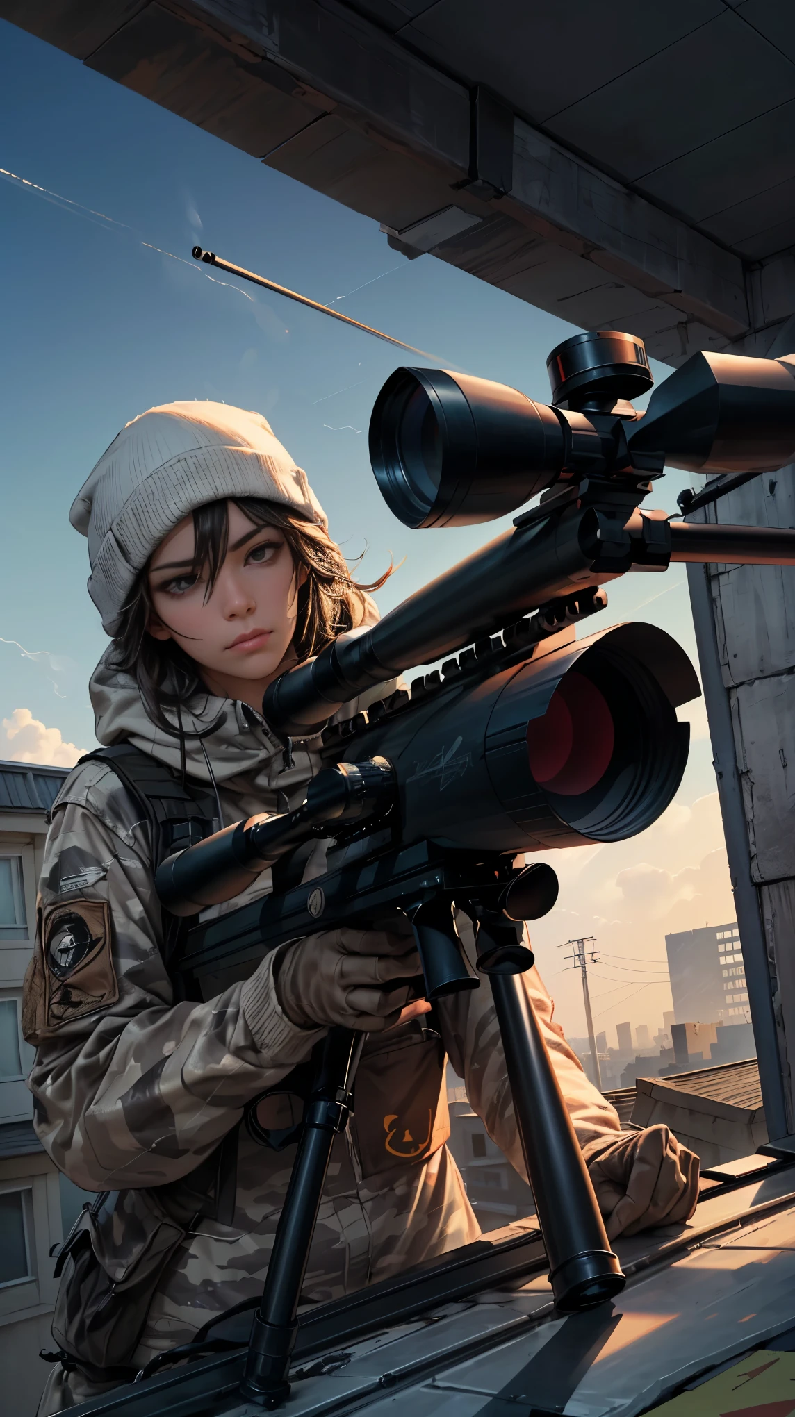 ((posted on a camouflaged rooftop about to shoot looking through the scope of the sniper rifle:1.5)), ((A male sniper:1.5)), in a war-torn urban environment, detailed face and eyes, realistic, photorealistic, photorealistic, hyperrealistic, highly detailed, masterpiece, ultrarealistic, 8k, HDR, dramatic lighting, dramatic atmosphere, cinematic, moody, gritty, military, tactical equipment, camouflage, rifle, ruined buildings, rubble, smoke, fog, sky dramatic storm clouds