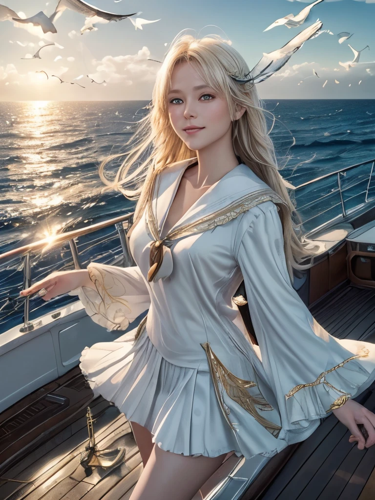 (((masterpiece, Highest quality, High resolution, Attention to detail, Ultra high definition)))), ((((Fantasy))), One, (A beautiful woman)))), (White short skirt with gold embroidery), (Platinum blonde long silky straight hair), (Shiny dark green eyes), (White frilly blouse with gold embroidery), big, (((On the deck of a sailing ship at sea)), (Vast ocean))), (The sky with clouds)), (( Seagulls flying in the sky)), smile, (Wind), Particles of light flying, Lens flare,