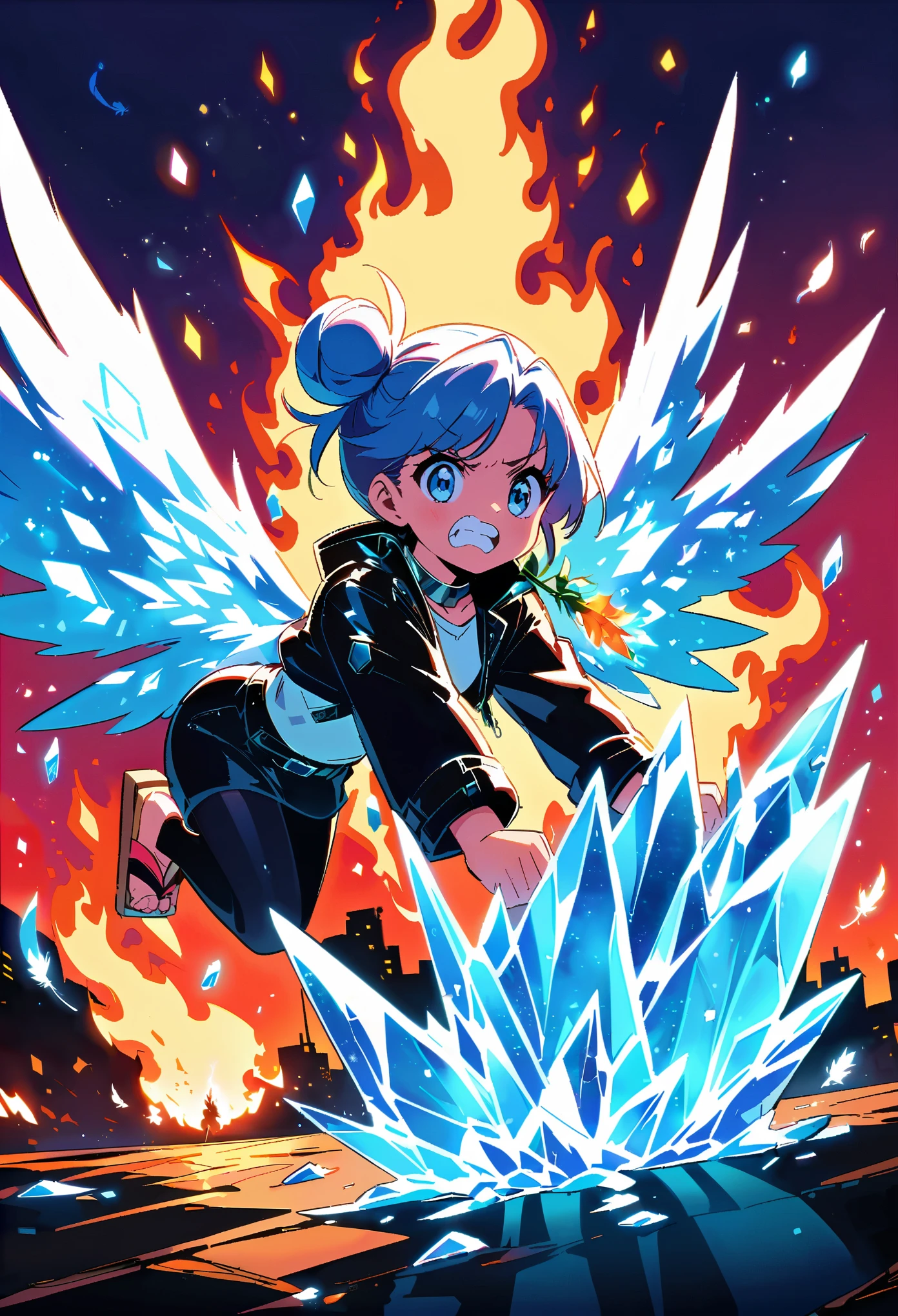 cyberpunk, loli, athletes, canine teeth, pain, single side bun, metal collar, leather jacket, geta, pokemon tail, on stomach, holding flower, bakery, 1980s anime, (blue spark),(red and blue hair),blue eyes, burning sky,flame,Rainbow in the sky,((Flames burning ice)),(((fire  butterflies))),(((ice crystal texture wings))),(Flying sparks),(detailed ice),((a lot of luminous ice crystals)),((burning feathers)),(feathers made of ice),(frozen feathers),(((ice and fire together)))