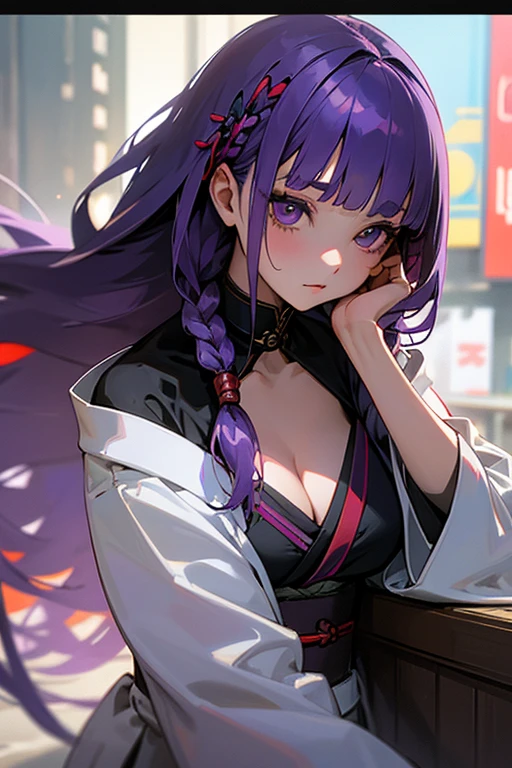 1 Girl, Blunt bangs, Braiding, Wide sleeves, hair ornaments, kimono, Says Obi, (Purple Hair:1.2), Very long hair, Straight hair, Looking at the audience, Highly detailed background, (Realistic:1.2), Beautiful Eyes, Red eyeshadow, Written boundary depth,thigh, (Urzan-6500:0.7), Upper Body, (alone:1.2), (Cyberpunk City:1.1), Cleavage, Shiny skin、Sit at the bar counselor、Hair blowing in the wind、