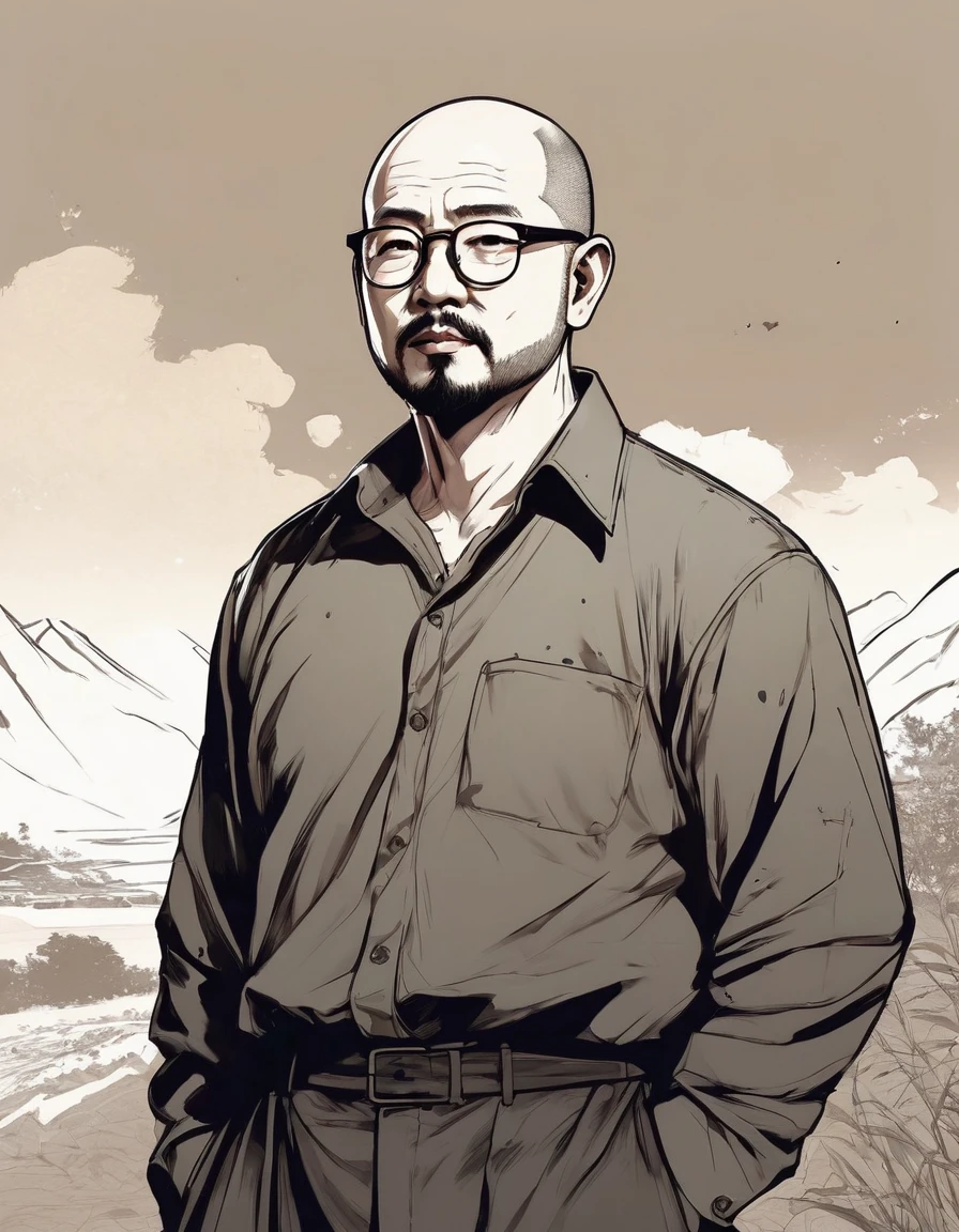 crew cut, (((full body))), (((landscape))), mature man, [slightly fat], asian man, rounded face, brown eyes, ((rounded face)), glasses, balding, 1boy, Solo, (big shoulders), (((stubbles, Short beard))),ink，Exaggerated expression，handsome man character，ink，Smudge，Line outline，ink stain，Ink stains