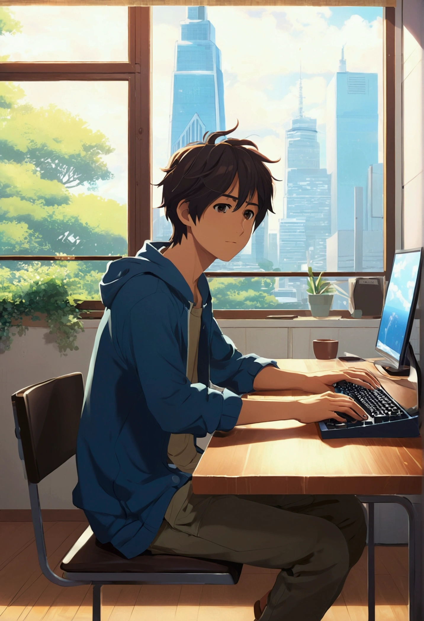 Anime boy sitting at the table, cute boy, holding computer and keyboard, ((makoto shinkai)), studio brisk makoto shinkai, Guvez style art, makoto shinkai. Digital rendering, anime digital illustration, Planned, makoto shinkai art style, makoto shinkai style, makoto shinkai!