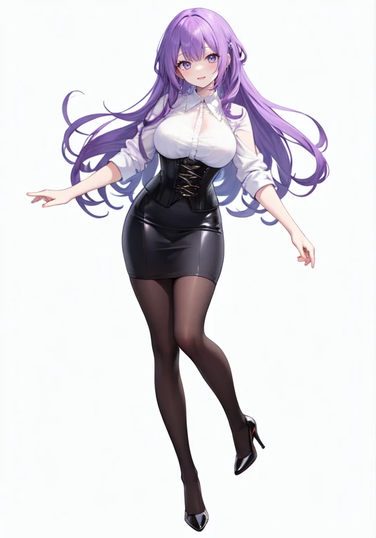 Purple hair,voluminous long hair,Adult female,((Roll up your sleeves)),(Corset),(Tight skirt),(high heels),((Simple White background)),Smile,((Full body)),((whole body))