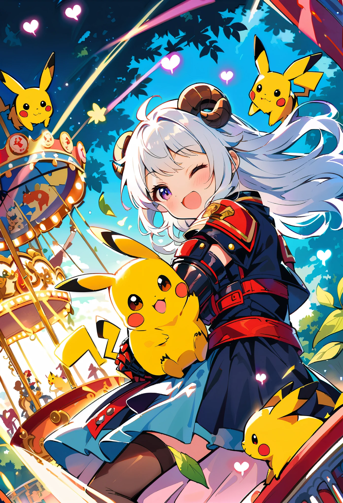 abstract background, idol, pikachu, heart-shaped mouth, wince, white hair, gauntlets, firefighter jacket, see-through legwear, sheep horns, fetal position, outstretched arm, carousel, silhouette, (detailed light) , feather, leaves, nature, (sunlight), river, (forest),(bloom)