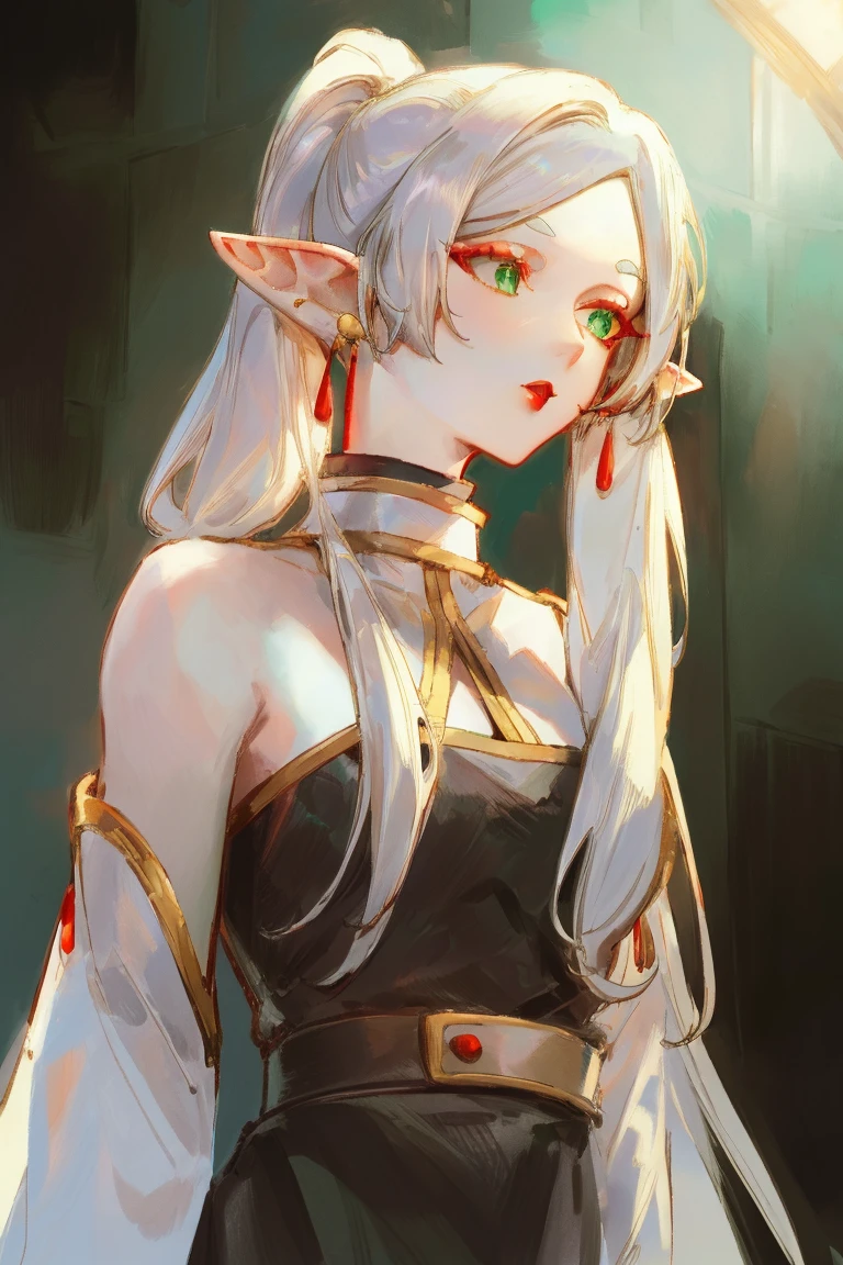 Standing with upper body, Honey, solitary, White skin, Long gray hair, Double ponytail hairstyle, (Elf ears), Green Eyes, Like a gem, earrings, Red Eyeshadow, Red lips, Black Magic Dress, careful, Fake laugh, masterpiece, high quality
