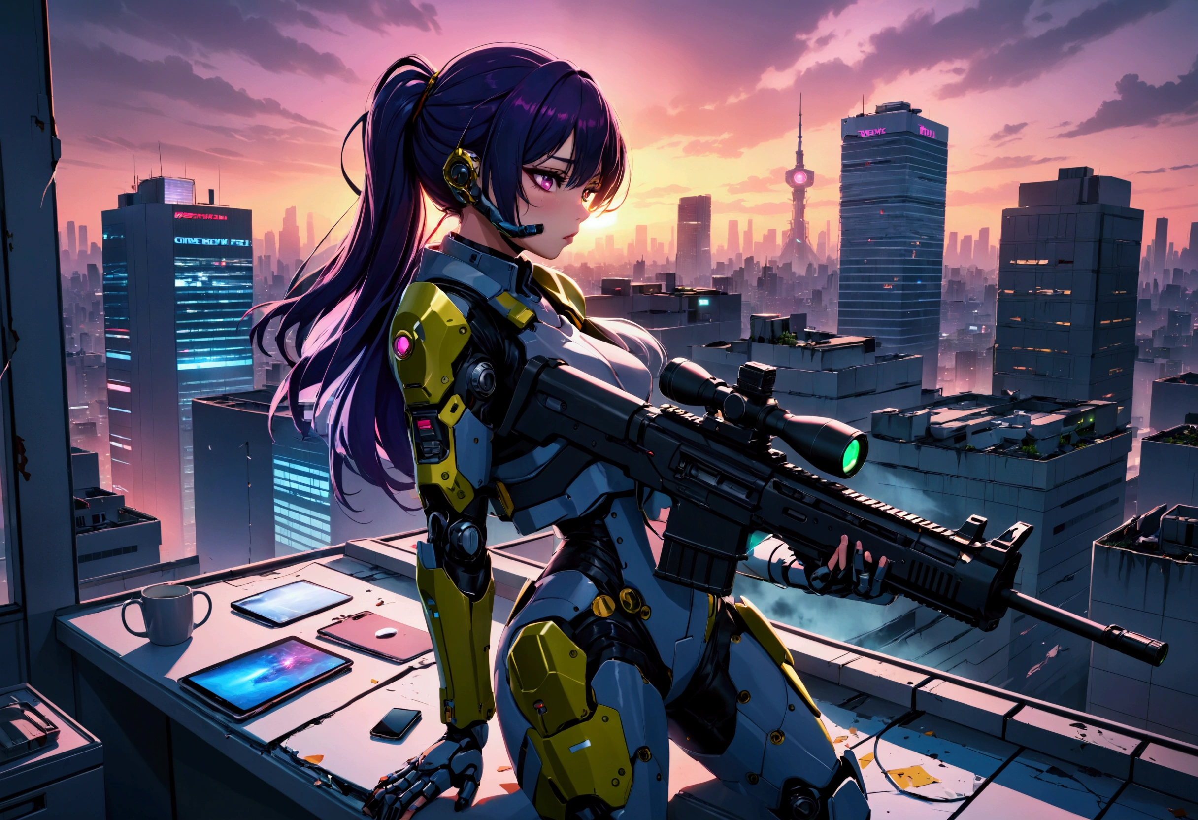 A sniper in high-tech combat suit,highly detailed cyborg soldier,huge laser sniper rifle,aiming at evil alien mecha,damaged office building,roof top,twilight in neo tokyo,cinematic composition,dramatic lighting,cyberpunk,neon city,moody atmosphere,photorealistic,8k,4k,ultra-detailed,cinematic,hyper-realistic,dramatic,masterpiece,best quality
