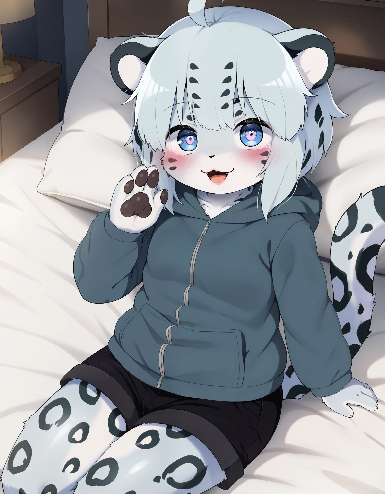 solo, 1girl, female, furry, kemono, anthro, cute face, young, white hair, blue eyes, fluffy body, body fur, short hair, ahoge, bangs, animal ears, tail, leopard ears, leopard tail, detailed eyes, brilliant eyes, 4 fingers, pawpads, perfect anatomy, detailed skin, detailed eyes, detailed lips, perfect hands, perfect face, happy, :D, BREAK black shorts, short shorts, hoodie, hood, BREAK seated on bed, bed, bedroom, blue room, looking at viewer, indoors, colorful, dutch angle, BREAK ((ultra-detailed)), ((best quality)), ((best quality)), ((beautiful eyes)), ((extremely detailed)), 4K, (8K), best quality, (beautiful), Master piece, highres, score_9, score_8_up, score_7_up, score_6_up, colorful, best quality, official art, highres, masterpiece, nai3, god light, detailed background, high quality background,AddXL