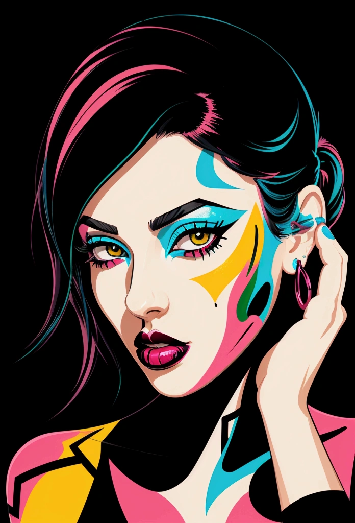 graffiti painting of an attractive woman's face, colorful, in the style of vector art, black background, bold lines and vibrant colors, high contrast between shadows and highlights, flat perspective, abstract shapes for eyes and lips, with hands in the foreground