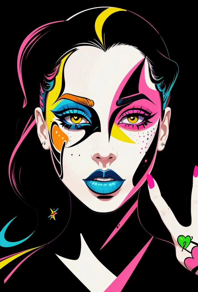 graffiti painting of an attractive woman's face, colorful, in the style of vector art, black background, bold lines and vibrant colors, high contrast between shadows and highlights, flat perspective, abstract shapes for eyes and lips, with hands in the foreground