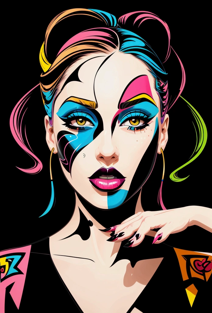graffiti painting of an attractive woman's face, colorful, in the style of vector art, black background, bold lines and vibrant colors, high contrast between shadows and highlights, flat perspective, abstract shapes for eyes and lips, with hands in the foreground