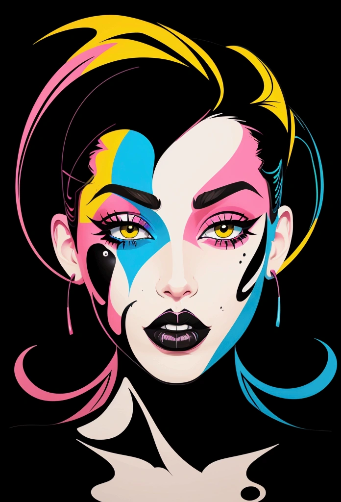 graffiti painting of an attractive woman's face, colorful, in the style of vector art, black background, bold lines and vibrant colors, high contrast between shadows and highlights, flat perspective, abstract shapes for eyes and lips, with hands in the foreground
