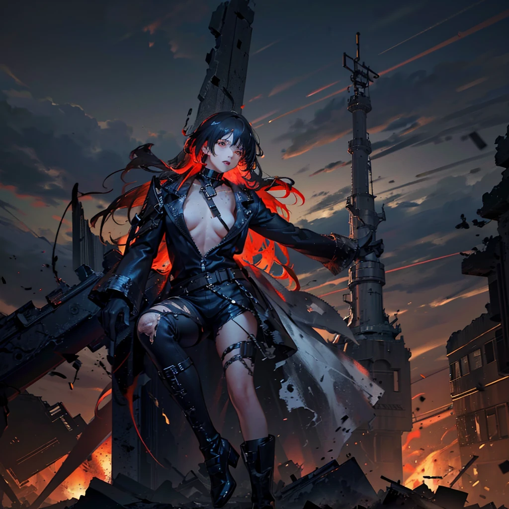 surreal, apocalyptic landscape. Picture a city in ruins with buildings collapsing, streets cracked open, and debris scattered everywhere. The sky above is a turbulent mix of dark, swirling clouds and fiery streaks of light, have a shattered, distorted figure or statue, symbolizing the breakdown of order, humanoid, gray scale scenemy, red details, abstract