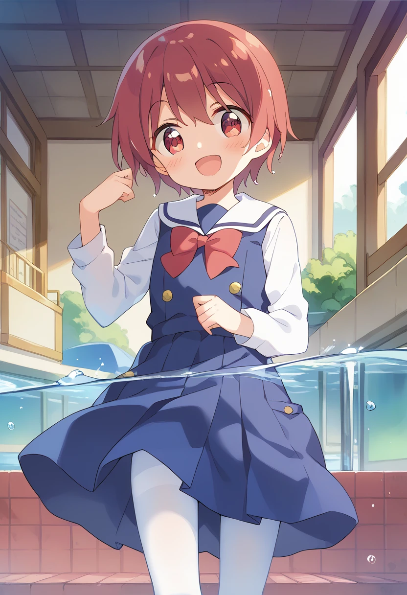 score_9, score_8_up, score_7_up, source_アニメ, masterpiece, 1girl, watahana, blue dress, sailor dress, pinafore dress, white sailor collar,white shirt, red bowtie, long sleeves, flat chest, white pantyhose, loafers, White socks、cowboy shot, looking at viewer, indoors, open mouth, shiny hair, smile, Open your mouth, cuteポーズ, (Completely flooded)、Immersed in water、Transparent pool, Water Play, Primary school students、Skirt fully open、Long wide skirt、cute、blush、Watery eye、Lots of water、Wet、((The skirt spreads over the water surface.))、(Drowning)、