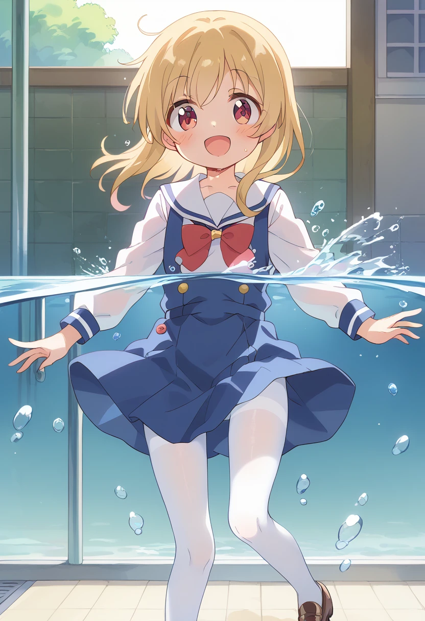 score_9, score_8_up, score_7_up, source_アニメ, masterpiece, 1girl, watahana, blue dress, sailor dress, pinafore dress, white sailor collar,white shirt, red bowtie, long sleeves, flat chest, white pantyhose, loafers, White socks、cowboy shot, looking at viewer, indoors, open mouth, shiny hair, smile, Open your mouth, cuteポーズ, (Completely flooded)、Immersed in water、Transparent pool, Water Play, Primary school students、Skirt fully open、Long wide skirt、cute、blush、Watery eye、Lots of water、Wet、((The skirt spreads over the water surface.))、(Drowning)、