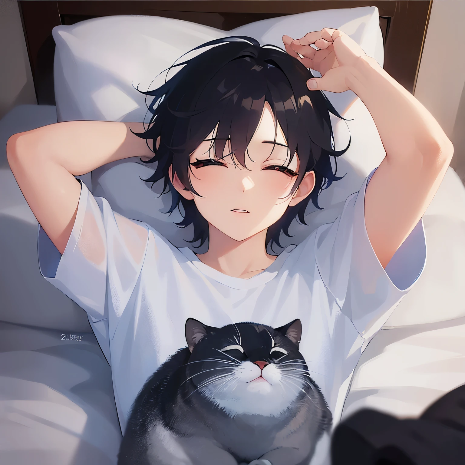 (25-year-old male:1.5) and (Black short hair), (white) and (T-Shirts)、upper body, shiny skin, masterpiece、Highest quality、sleep , closed eyes,bed（alone:1.5）