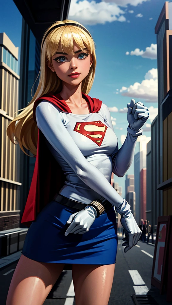 (cowboy shot), sfw, (work of art), (best qualityer:1.0), (ultra high resolution:1.0), detailedeyes,
BREAK Supergirl, 1 girl, long blonde hair, mid-air, flying hair band, \(offwhite\) top cut, manga curta, layer, blue pencil skirt, mitts, BREAK boots
(clouds, citys, stunning vista)