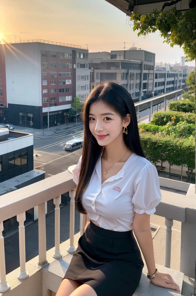 Rooftop of university building, 4th year university student, ((full body)), ((photo)), ((best qualtiy, 8K, tmasterpiece:1.3)), Focus:1.2, perfect figure beautiful girl:1.4, 1girl, cowboy shot, look at viewer, eyes facing the camera, incredibly absurd, beautiful and cute girl with a photorealistic face, showcasing top-quality craftsmanship, A Japanese girl watching the sunset on the roof of a university building, 19 years old, long, straight, silky black hair, fair skin, big eyes, thin eyebrows, double eyelids, long eyelashes, pink lips, smile, devilish smile, gorgeous features, well-defined facial features, beautiful face line, mysterious beauty, slender, tall, well-balanced proportions, large E-cup breasts, white shirt, tight black skirt, beige pumps, gold necklace and bracelet, small earrings, elegant ring, pretty girl, beauty, devilish type, pretty older sister, passionate about art, sociable, friendly, positive, has leadership skills, is proactive, is flexible, gets things done efficiently, works hard towards dreams and goals, March