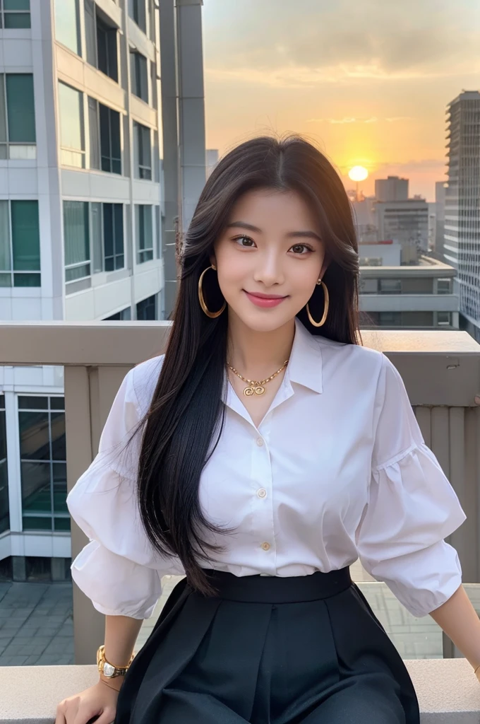 Rooftop of university building, 4th year university student, ((full body)), ((photo)), ((best qualtiy, 8K, tmasterpiece:1.3)), Focus:1.2, perfect figure beautiful girl:1.4, 1girl, cowboy shot, look at viewer, eyes facing the camera, incredibly absurd, beautiful and cute girl with a photorealistic face, showcasing top-quality craftsmanship, A Japanese girl watching the sunset on the roof of a university building, 19 years old, long, straight, silky black hair, fair skin, big eyes, thin eyebrows, double eyelids, long eyelashes, pink lips, smile, devilish smile, gorgeous features, well-defined facial features, beautiful face line, mysterious beauty, slender, tall, well-balanced proportions, large E-cup breasts, white shirt, tight black skirt, beige pumps, gold necklace and bracelet, small earrings, elegant ring, pretty girl, beauty, devilish type, pretty older sister, passionate about art, sociable, friendly, positive, has leadership skills, is proactive, is flexible, gets things done efficiently, works hard towards dreams and goals, March