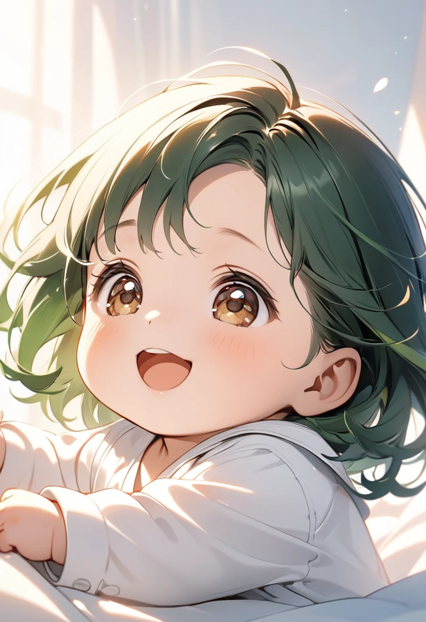 8k, baby with dark green hair, parted bangs, brown eye, happy expression, white  clothes, Soft light background