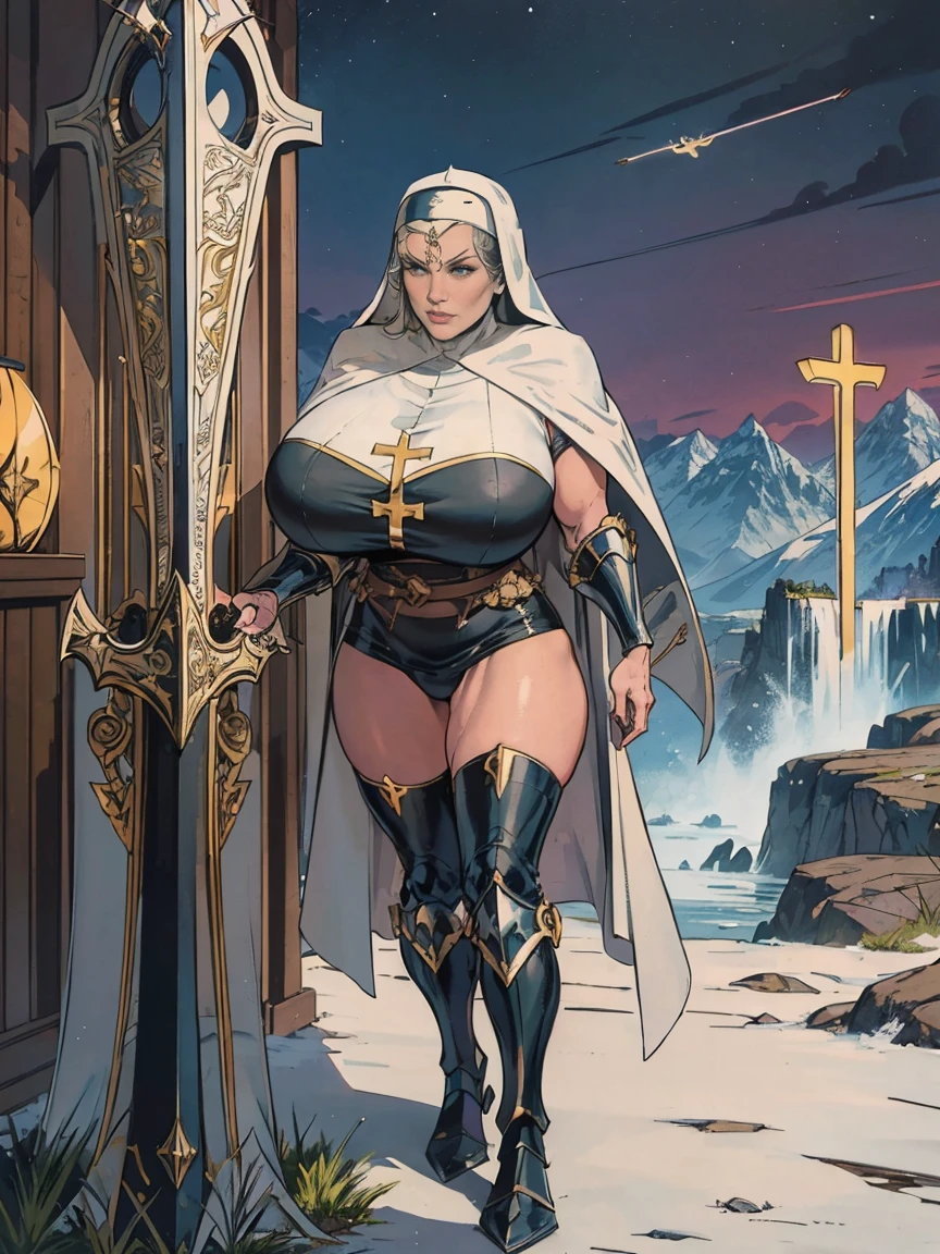 (masterpiece, top quality, best quality, official art, beautiful and aesthetic:1.2), (1girl:1.3), ((Sharp facial features, sharp features, hawkish features)), ((grey eyes)), busty paladin knight girl, extremely detailed, portrait, looking at viewer, solo, (full body:0.6), detailed background, full-body shot, (cold mountain nighttime glacier theme:1.1), holy knight, (nun), charlatan, smirk, mysterious, swaying in mountains, armor, polished metal, gold trim, long boots, white fabric, pelvic curtain, robe, pale leather, ((((nun, crossbow, heavy armor, armored, long legs, robes, prayer scrolls, toned, muscular)))), slim waist, slim hips, long legs, medieval (mountain exterior:1.1) background, dark mysterious lighting, shadows, magical atmosphere, dutch angle
