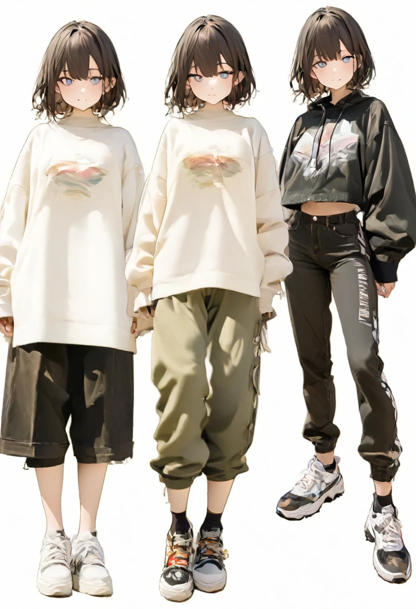 (Masterpiece, Top image quality: 1.2, 8K), centered, full body, one girl, cool fashion, pants, simple sneakers, simple background, white background, 20s, open eyes, delicate eyes, beautiful eyes,