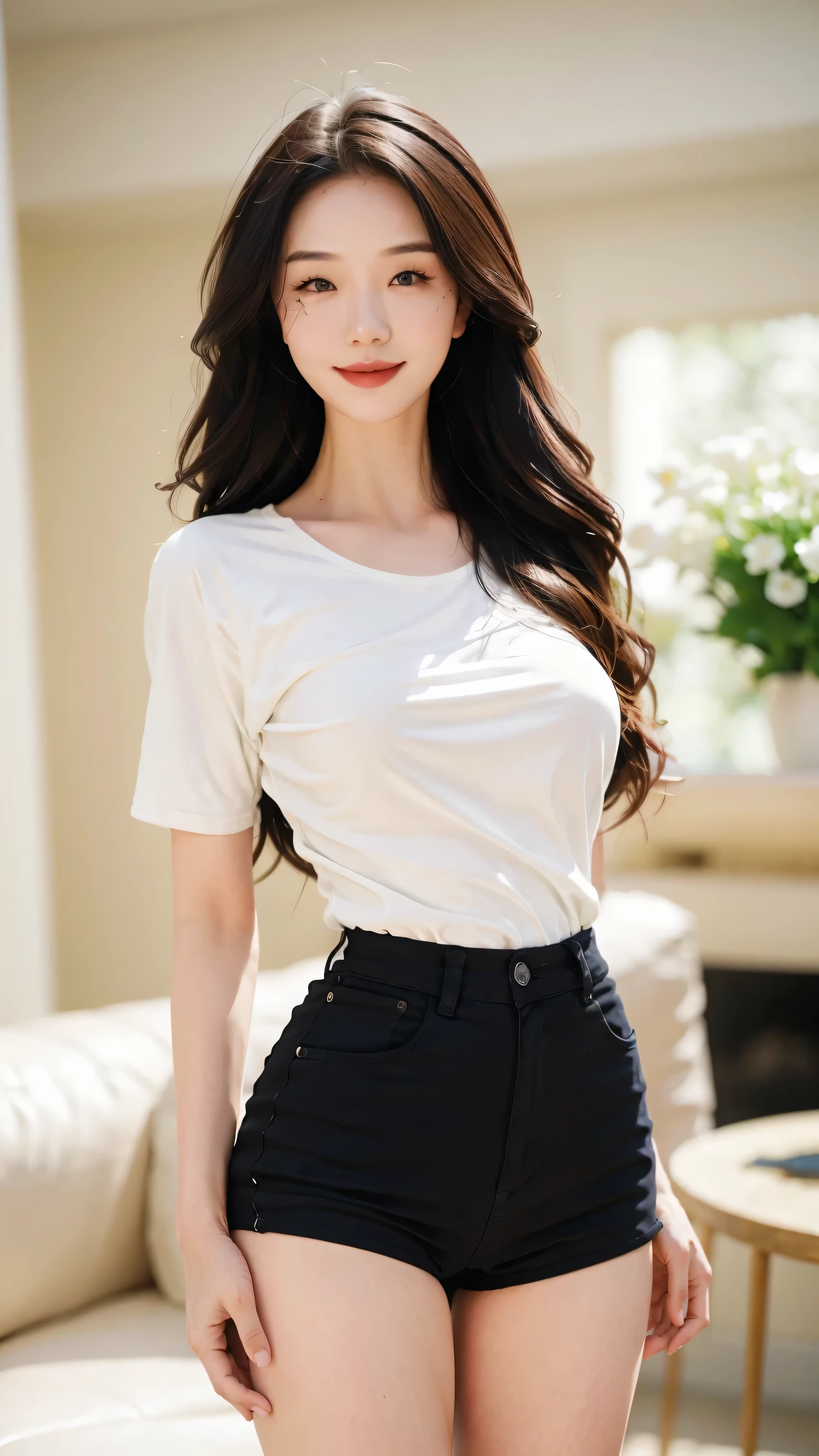 ((Realistic photo, Best quality, 8K, Masterpiece: 1.3)), (raw photo:1.2), Hyperrealist portrait gorgeous Beautiful Chinese girl, 18 years old, Perfect Figure, pretty body, (beautiful flat breasts: 1.2), very detailed eyes and face, (lustfully naughty face, crimson red lip, heavy makeup: 1.3, blushing), beautiful detailed eyes, seductive sharp eyes, (charming smile: 1.1), white skin, photo realistic, very detailed face, ((modern white t-shirt, black tight hot pants: 1.2)), (long legs: 1.2, beautiful long nails), loose curls hairstyle, ((standing pose)), (living room background)