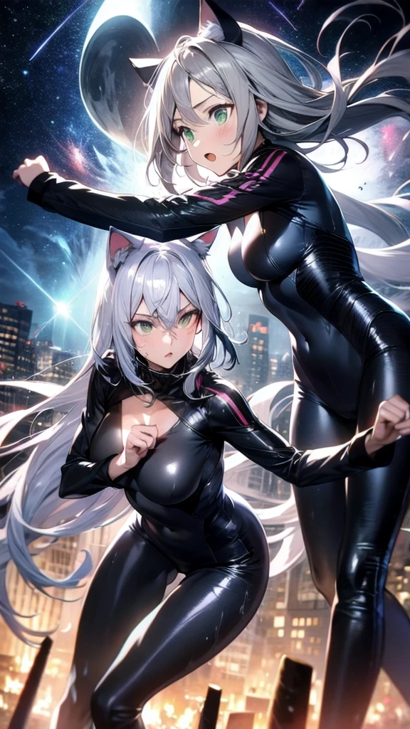 A silver-haired beautiful girl with cat ears eyes are green hair is silver and long clothes: a form-fitting black combat suit The fist is an afterimage The background is a city at night her is in a cat-like fighting pose The year is 14 years monitor, Dark Night, Sweat, Steam of Exhalation, Space, Battle, Dynamic Angle one girl