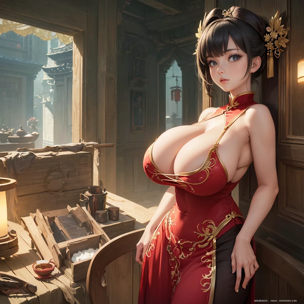 Highly detailed CG unit 8k wallpaper, masterpiece, High resolution, highest quality, highest quality real texture skin, Super Real, Digital Painting, Best image quality, 最High resolution, 8k, ((Highly detailed eyes and face)), 1girl, Beautiful eyes every detail, Full Body Shot, (((Saggy breasts, Gravity-dependent breasts, long chest, Heavy chest, ))), ((disproportionate breasts, huge breasts, sagging breasts, Cleavage, gigantic breasts, erect nipple, sideboobs)), short hair, tube top, Loincloth, Chinese style embroidery, china dress, chinese dress,