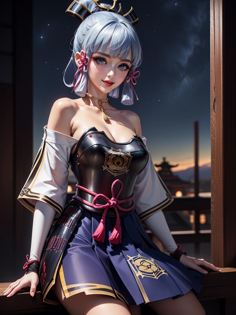 ((masterpiece)),(bestquality),((ultra-detailed)), ((beautiful detailed sky)), ((cinematic lighting)), depth of field, (dynamic angle),detailed lighting,((beautiful detailed eyes)), (night sky view), red lip, smile,eyeshadow,large breast, cleavage, ((bare arm, short skirt , off shoulders, sexy)), ((kamisatoayakadef))