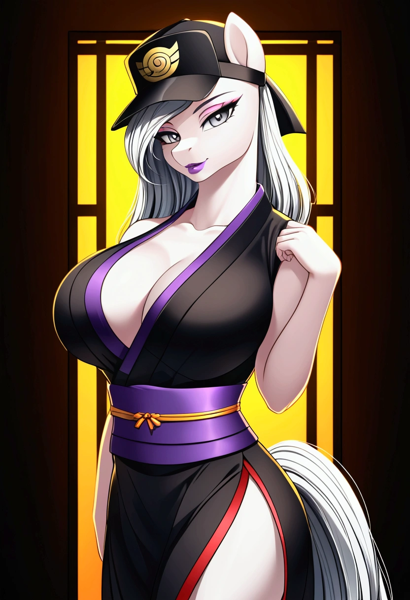 vibrant colors, 8K, high resolution, highly detailed, masterpiece, ((my little pony)), (black striped white hair), (pale white body), (gray eyes) seductive face, japan Samurai, standing, big breasts, beautiful body, cap, middle-age tokio, purple lips