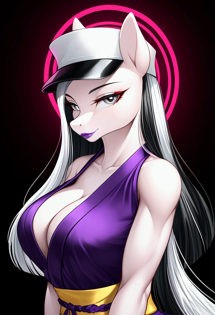 vibrant colors, 8K, high resolution, highly detailed, masterpiece, ((my little pony)), (black striped white hair), (pale white body), (gray eyes) seductive face, japan Samurai, standing, big breasts, beautiful body, cap, middle-age tokio, purple lips