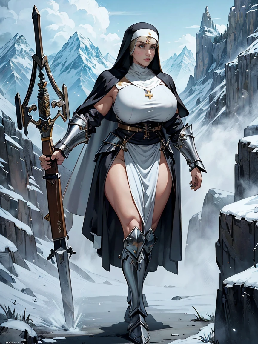 (masterpiece, top quality, best quality, official art, beautiful and aesthetic:1.2), (1girl:1.3), ((Sharp facial features, sharp features, hawkish features)), ((grey eyes)), busty paladin knight girl, extremely detailed, portrait, looking at viewer, solo, (full body:0.6), detailed background, full-body shot, (cold mountain nighttime glacier theme:1.1), holy knight, (nun), charlatan, smirk, mysterious, swaying in mountains, armor, polished metal, gold trim, long boots, white fabric, pelvic curtain, robe, pale leather, ((((nun, crossbow, heavy armor, armored, long legs, robes, prayer scrolls, toned, muscular)))), slim waist, slim hips, long legs, medieval (mountain exterior:1.1) background, dark mysterious lighting, shadows, magical atmosphere, dutch angle