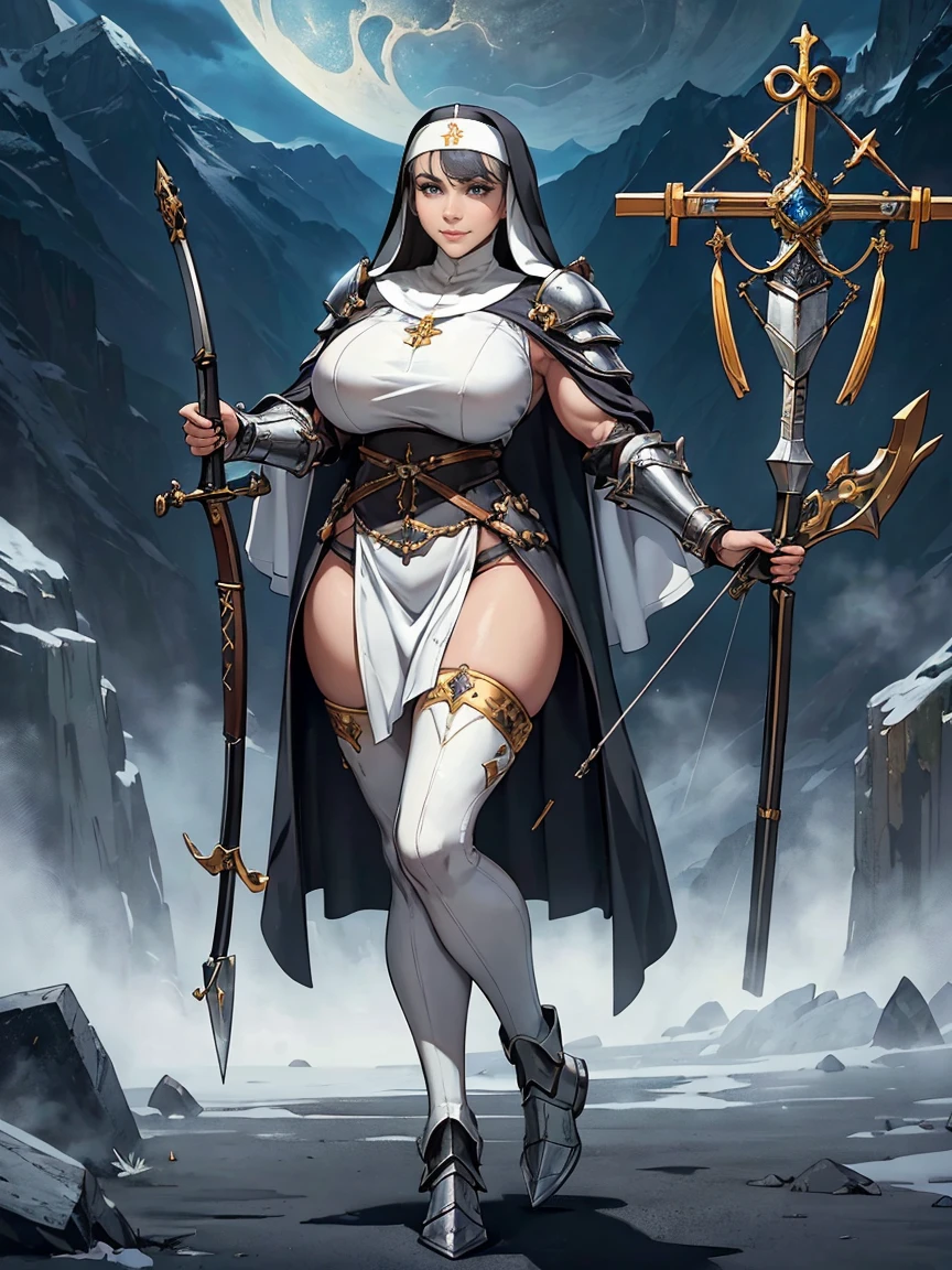 (masterpiece, top quality, best quality, official art, beautiful and aesthetic:1.2), (1girl:1.3), ((Sharp facial features, sharp features, hawkish features)), ((grey eyes)), busty paladin knight girl, extremely detailed, portrait, looking at viewer, solo, (full body:0.6), detailed background, full-body shot, (cold mountain nighttime glacier theme:1.1), holy knight, (nun), charlatan, smirk, mysterious, swaying in mountains, armor, polished metal, gold trim, long boots, white fabric, pelvic curtain, robe, pale leather, ((((nun, crossbow, heavy armor, armored, long legs, robes, prayer scrolls, toned, muscular)))), slim waist, slim hips, long legs, medieval (mountain exterior:1.1) background, dark mysterious lighting, shadows, magical atmosphere, dutch angle