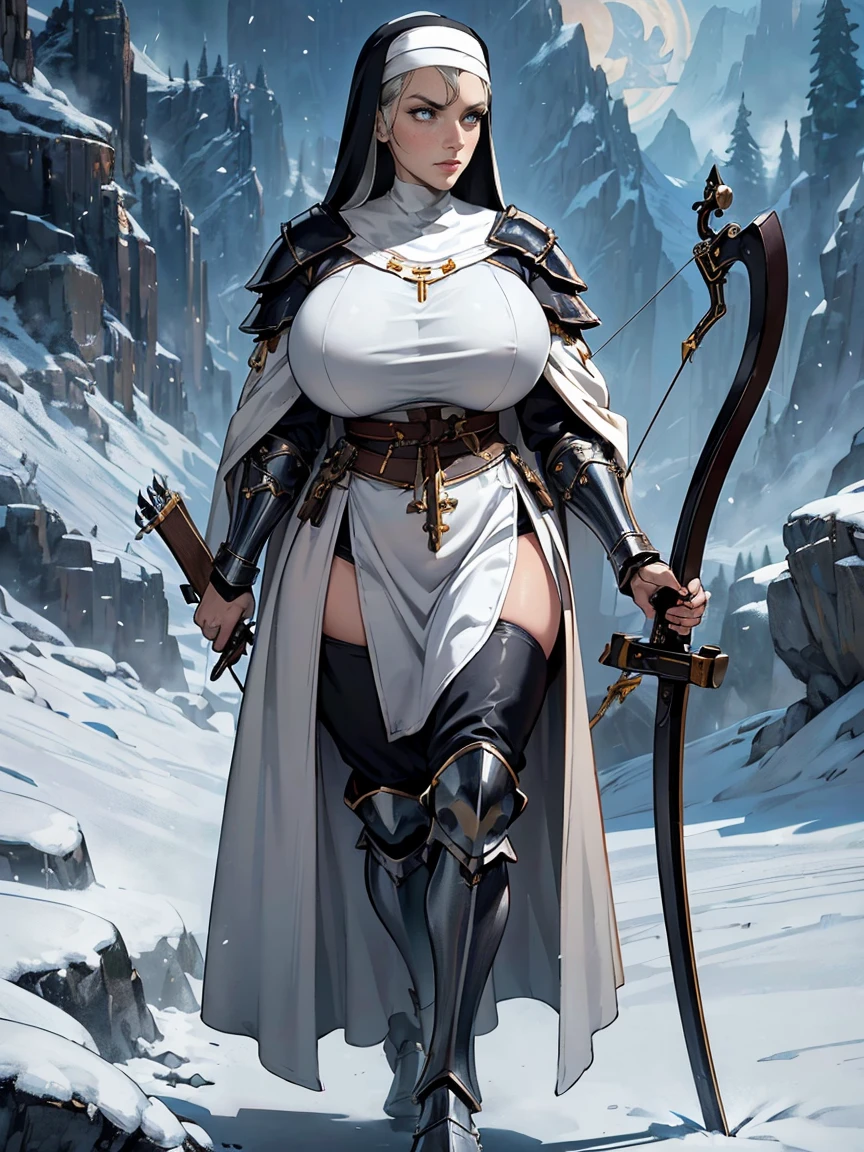 (masterpiece, top quality, best quality, official art, beautiful and aesthetic:1.2), (1girl:1.3), ((Sharp facial features, sharp features, hawkish features)), ((grey eyes)), busty paladin knight girl, extremely detailed, portrait, looking at viewer, solo, (full body:0.6), detailed background, full-body shot, (cold mountain nighttime glacier theme:1.1), holy knight, (nun), charlatan, smirk, mysterious, swaying in mountains, armor, polished metal, gold trim, long boots, white fabric, pelvic curtain, robe, pale leather, ((((nun, crossbow, heavy armor, armored, long legs, robes, prayer scrolls, toned, muscular)))), slim waist, slim hips, long legs, medieval (mountain exterior:1.1) background, dark mysterious lighting, shadows, magical atmosphere, dutch angle