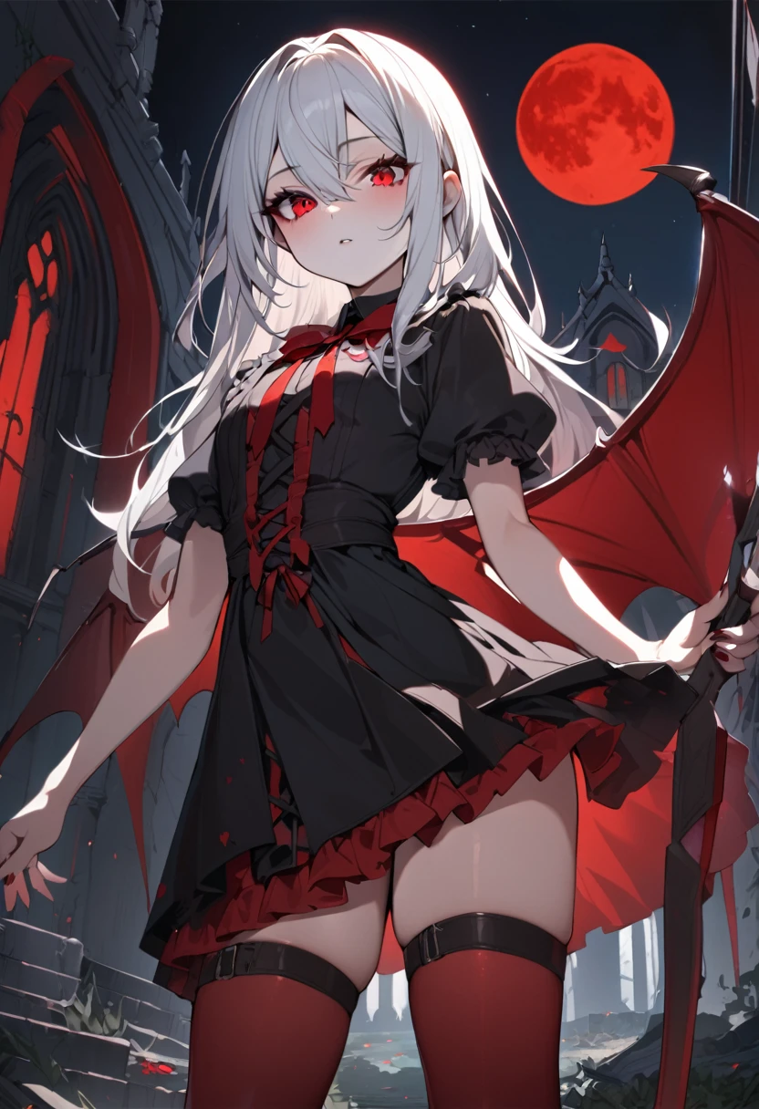 1 teenager girl, vampire, young, black gothic dress, red right stocking, black left stocking, red eyes, white hair with bow, scythe, against the backdrop of the red moon, abandoned gothic church, night, looking at viewer, majestic pose, 8k, masterpiece, high res, ultrasharp