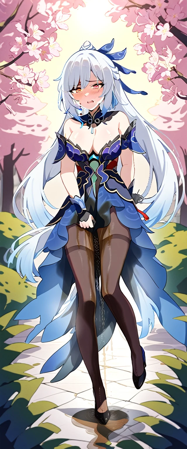 (masterpiece:1.37), best quality, (extremely detailed:1.37), (1girl:1.5), woman, (mature:1.5), (adult:1.5), jingliu, white hair, long hair, ponytail, hair ribbon, red eyes, earrings, jewelry, dress, pantyhose, (pelvic curtain:1.5), (extremely detailed eyes:1.37), (wetting self:2.0), desperation, standing, embarrassed, humiliation, blushing, angry, cherry blossoms, garden, (golden hour:1.5), full body