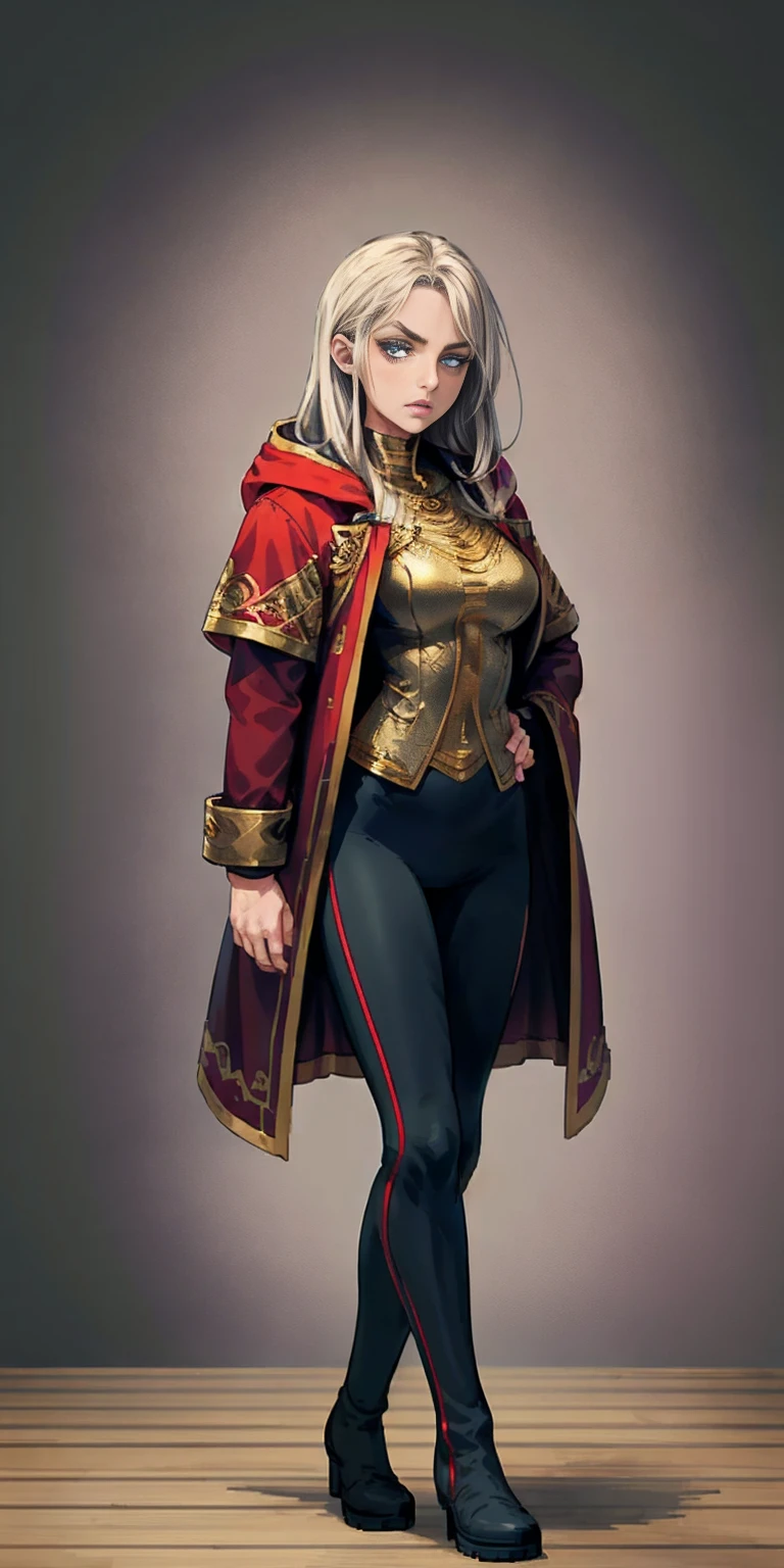 Character: Gender: Female Age: young adult (through "exquisite and mature manga art style") Hair: Long, platinum blonde with choppy bangs Face: Delicate oval shape Pale skin Sharp and determined eyes (possibly emphasizing a piercing gaze) Arched crescent eyebrows Serious expression Symmetrical features Body: Professional and anatomically correct Perfect proportions following the golden ratio Extremely detailed, especially the eyes and face Attire: Fantasy-style dark green military coat Dark red cloak draped over the coat Military trousers Leather combat boots Silver greaves leggings Art Style: Anime style, but with exquisite and mature details High definition, best quality, high resolution Ultra-detailed, ultra-fine painting, extremely delicate RAW photo (realistic texture) UHD, 32k resolution (exceptional sharpness) Natural light with cinematic lighting effects Masterpiece quality with perfect anatomy Pose: Standing in a spacious training ground One hand on her hip