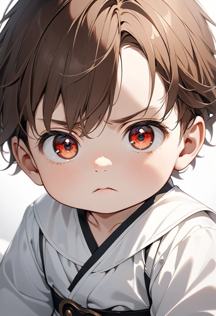 8k, baby boy with brown hair, Eyes red, serious expression, white clothes, soft light background