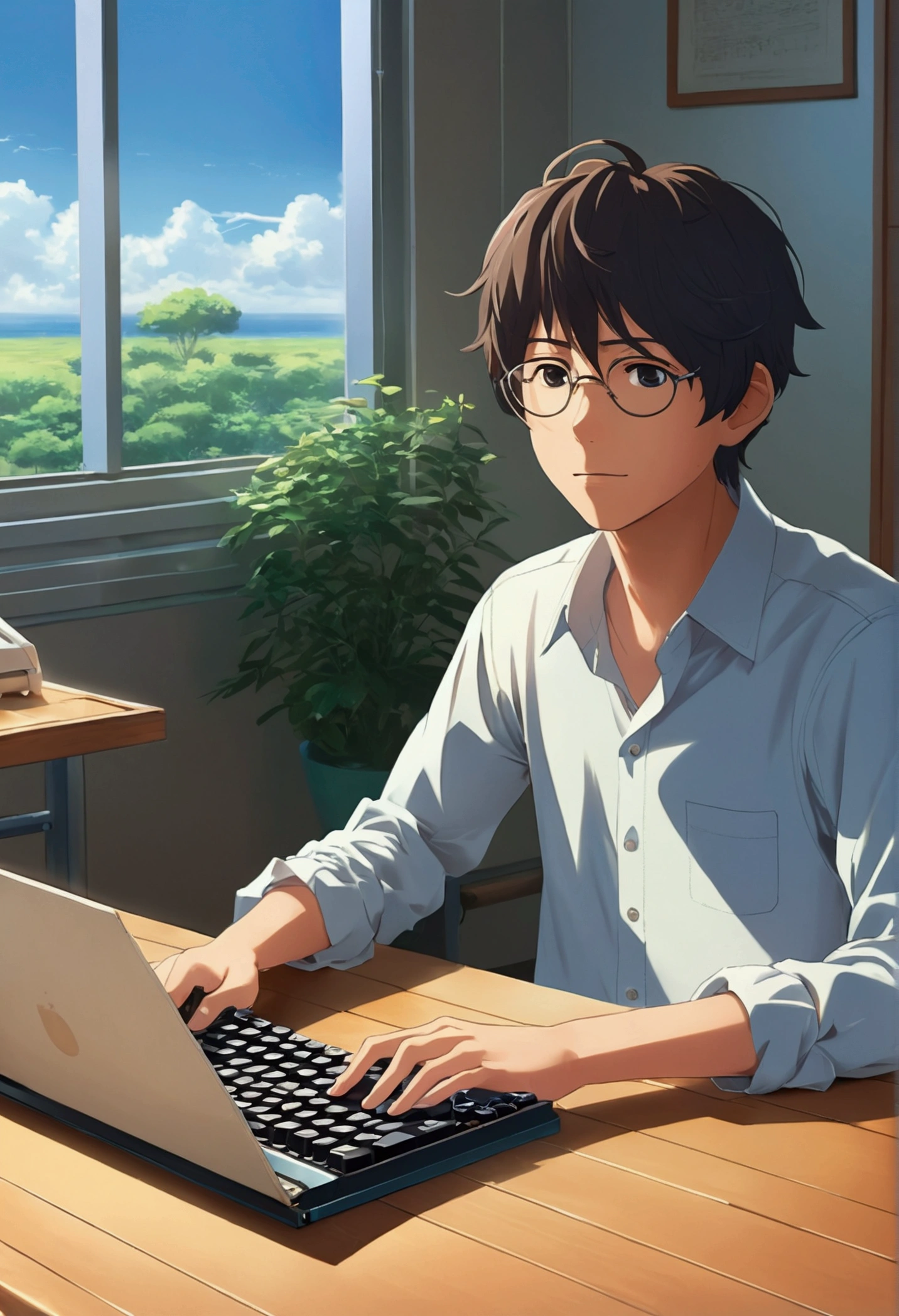 Anime boy sitting at the table, cute boy, holding computer and keyboard, ((makoto shinkai)), studio brisk makoto shinkai, Guvez style art, makoto shinkai. Digital rendering, anime digital illustration, Planned, makoto shinkai art style, makoto shinkai style, makoto shinkai!