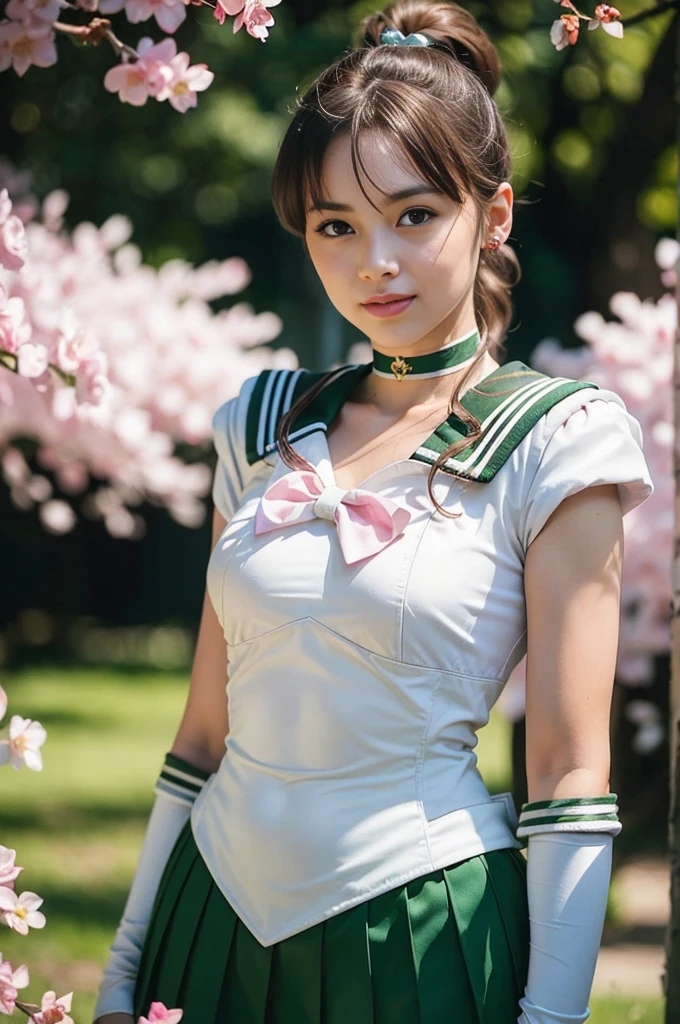 (masterpiece, Highest quality:1.4), (whole body:1.5), (Are standing:1.4), One girl, alone, Ham Jupiter, (Green Eyes), ponytail, (tiara:1.2), jewelry, (Sailor Warrior Uniform:1.5), Green sailor collar, choker, Elbow hand pockets, White gloves, Pink ribbon, brooch, White leotard, Green Skirt, Pleated skirt:1), Beautiful Face, Highly detailed face, Highly detailed eyes, Highly detailed skin, Skin pores, Scattered beneath the surface, Realistic pupils, Mid-chest, Sexy smile, Blush all over face, Fuller lips, Cherry blossom tree background, Scattered beneath the surface, Detailed Background, Depth of written boundary, Volumetric lighting, Sharp focus, Absurd, Realistic proportions, Excellent anatomy, (Realistic, hyperRealistic:1.4), 16k hdr,