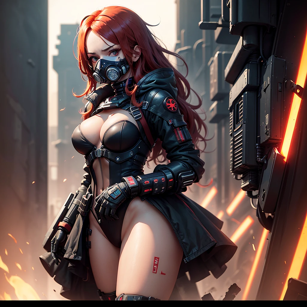 "Fantastic cyberpunk post-apocalyptic style. Beautiful cyborg girl with long red hair, v half-face respirator masks, high tech gas mask, dressed in a black android suit with a cleavage and small red details, stands vertically in front of the camera. The camera films her from below. She stands over the camera in a dominant pose face sitting domination. She looks into the lens with a playful, with a slightly flirtatious look and a slight smile. Her thighs are exposed. Dark background with red flashes and lights, creating an atmosphere of slight sadness. The image horizon is flat. Primary colors - black and red." sci fi