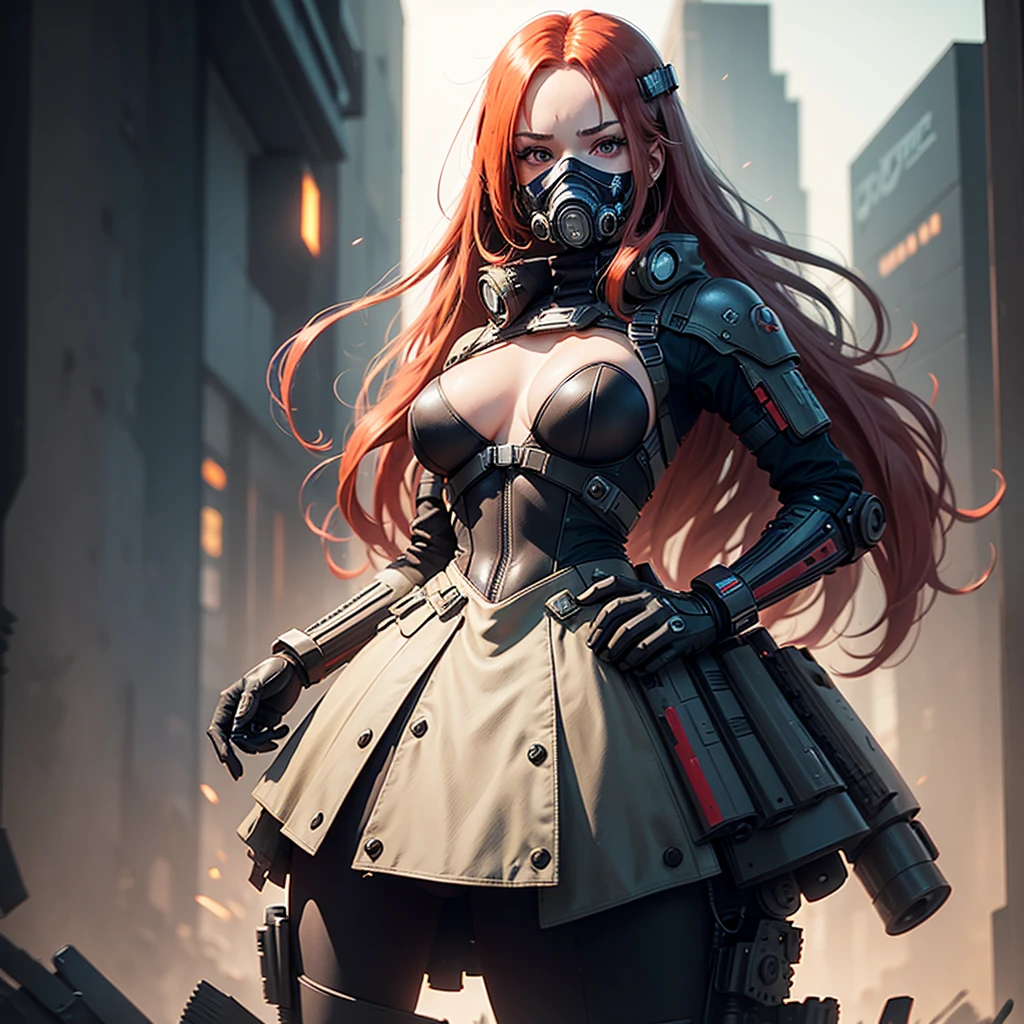 "Fantastic cyberpunk post-apocalyptic style. Beautiful cyborg girl with long red hair, v half-face respirator masks, high tech gas mask, dressed in a black android suit with a cleavage and small red details, stands vertically in front of the camera. The camera films her from below. She stands over the camera in a dominant pose face sitting domination. She looks into the lens with a playful, with a slightly flirtatious look and a slight smile. Her thighs are exposed. Dark background with red flashes and lights, creating an atmosphere of slight sadness. The image horizon is flat. Primary colors - black and red." sci fi