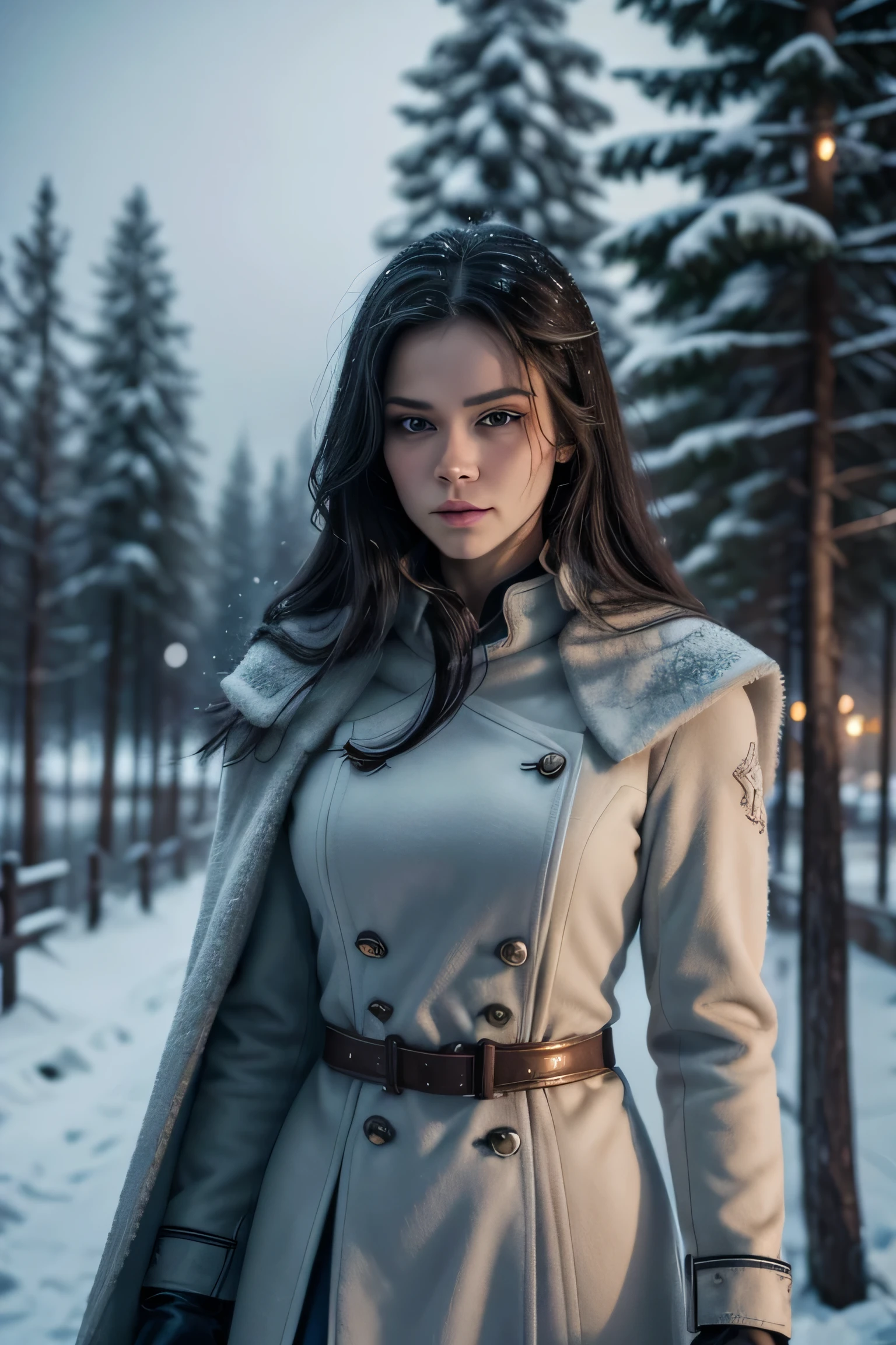 Valkyrie is a vigilante and assassin, a Russian warrior with fair skin, long dark hair and light blue eyes. pronta para o combate, She is dressed in an elegant Russian-inspired overcoat, in a winter setting in Russia, with snow all around and snow-laden pine trees, conveying an atmosphere of calm and determination.