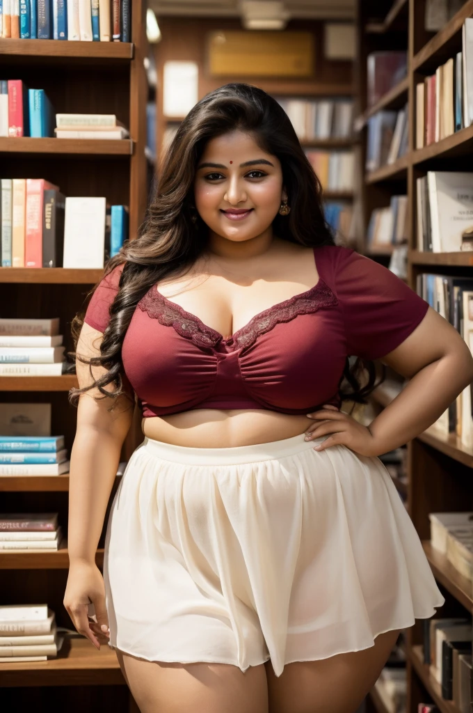 1 Heavenly beautiful and goddess beauty cute and sweet looking face Indian woman in charming bookstore , Heavenly beautiful Overweight, Heavenly beautiful Extremely fat, Heavenly beautiful and attractive Chubby figure , Heavenly beautiful looking and eye catching luxury style ruffle skirt short and bra, reaching out, Heavenly beautiful Indian woman, 16k, High resolution, masterpiece, highest quality, fine skin, outside view, Realistic Photograph, close up figure view, Heavenly beautiful smile face