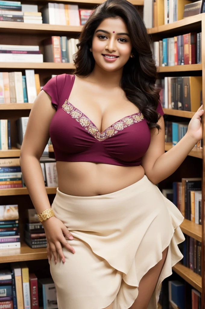 1 Heavenly beautiful and goddess beauty cute and sweet looking face Indian woman in charming bookstore , Heavenly beautiful Overweight, Heavenly beautiful Extremely fat, Heavenly beautiful and attractive Chubby figure , Heavenly beautiful looking and eye catching luxury style ruffle skirt short and bra, reaching out, Heavenly beautiful Indian woman, 16k, High resolution, masterpiece, highest quality, fine skin, outside view, Realistic Photograph, close up figure view, Heavenly beautiful smile face