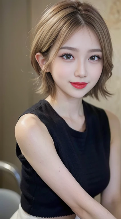 blush a little and smile, (Top quality masterpiece:1.2) Delicate illustrations, Very detailed, /Beautiful Japanese Women、1 person,Very cute and slim、Great style 、((8k images、super high quality))、Very delicate face, Big Breasts、Skin and Hair、beautifule forehead、Red lipstick、(((((short hair、Blonde、lure))))),Very cute Japanese cut face、Eyes and nose are clearly visible、Kind eyes,((((Black sleeveless fashion))))