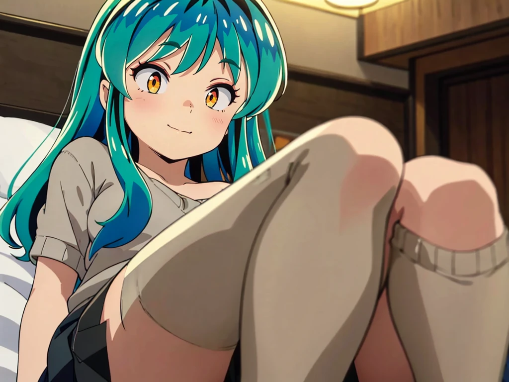 masterpiece, Highest quality, 1 Girl, Lum, tired, Taking a break, Looking into the distance, Grey knit, Black Mini Skirt, Grey pantyhose , anime, From below, blush, Embarrassing, Taking a break, Mature, 18-year-old, Smile, Lying in bed, Focus on the feet, Japan, Hotel, High definition, Green Hair