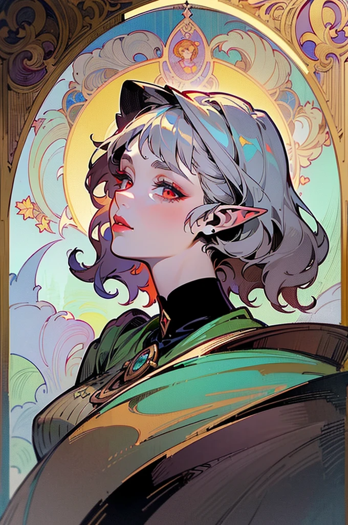 femme de 50 ans, Middle-aged European, ((trentenaire)), solo, medieval tavern, [ghotic] full lips, [[Short hair]], (visage de forme ovale), (Heavenly Nose), wears a cape, peau claire et chaude, red eyes, doe eyes, short hair, very silver hair, very light, wavy hair, elfe ears, Long cils, ((dark medieval clothes)), Glow, ghotic, elegant, tendance sur artstation, makeup, lipstick, ((In the style of Alphonse Mucha)), inkshadow, (((Masterpiece artwork))), ((best quality)), ((complex detailed)), ((semi-realistic)), (se concentrer uniquement), (visage parfait:1.1), (high detail:1.1), clivage, dark