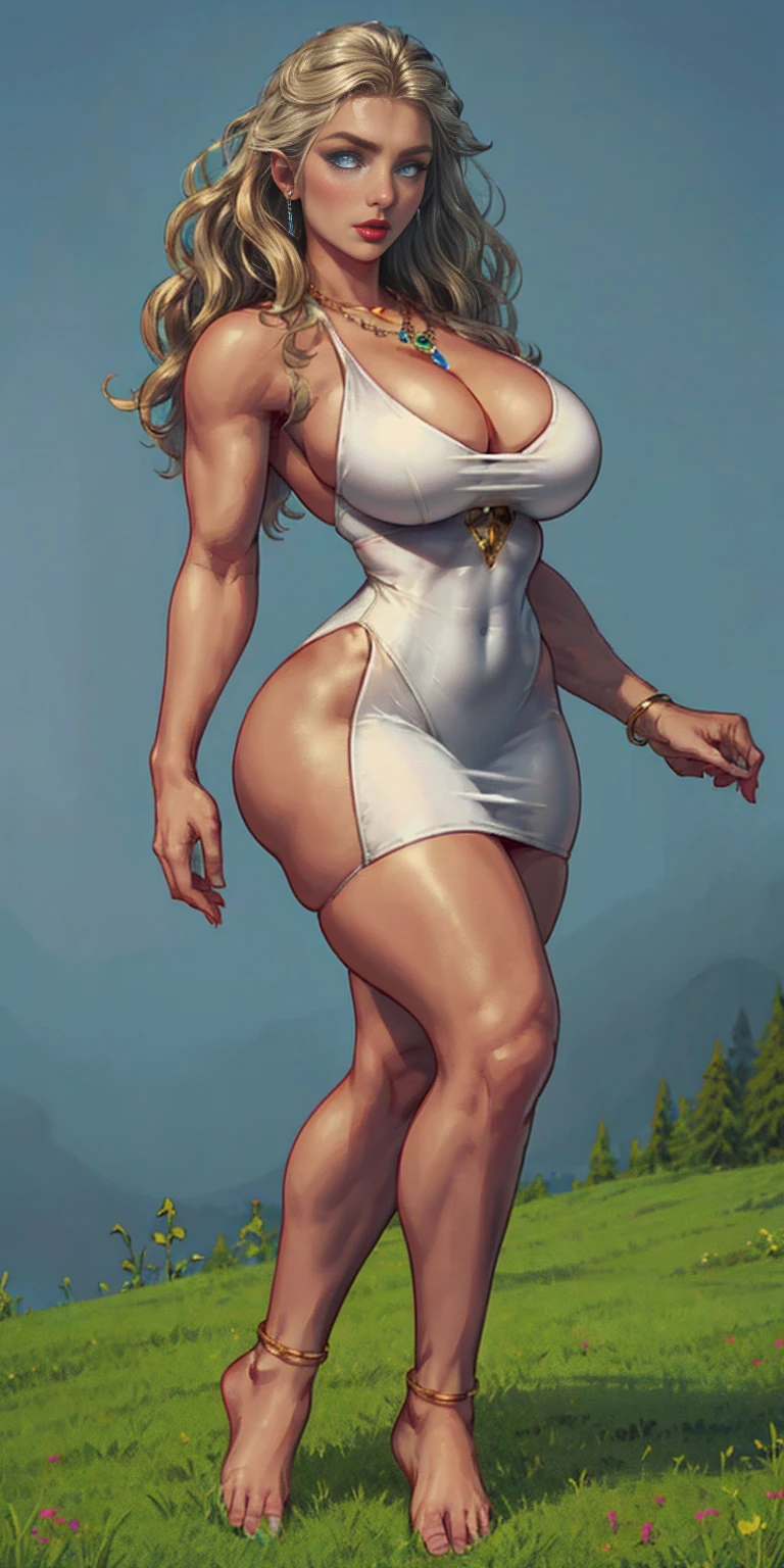 full body of blonde scandinavian goddess, face of elsa hosk, , white silk dress with deep cleavage,  feet, amber necklace, light blue eyes, golden blonde wavy hair, red lips,  gaze, volumetric lighting, realistic, meadow background, thick thighs, muscular body, jewelry, realistic, raw, analog, woman, photorealistic, analog, realism