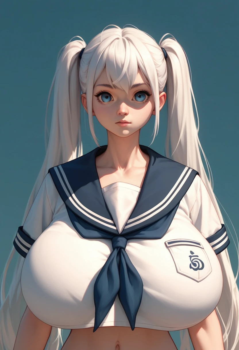 cute,(アニメ),twintails,white hair,skinny,woman,gigantic breasts,yang,serafuku,Stand Up